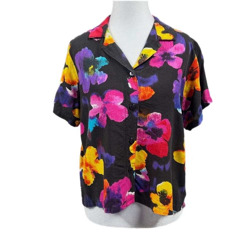 Vintage Jams World Floral Black Tropical Button Up Short Sleeve Camp Shirt Sz M